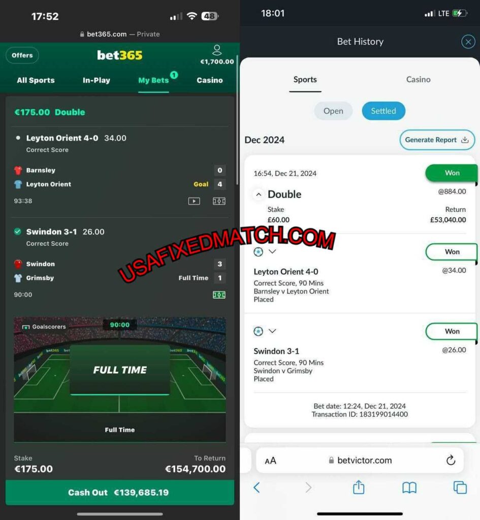 BET365 VICTOR CORRECT SCORE FIXED MATCH