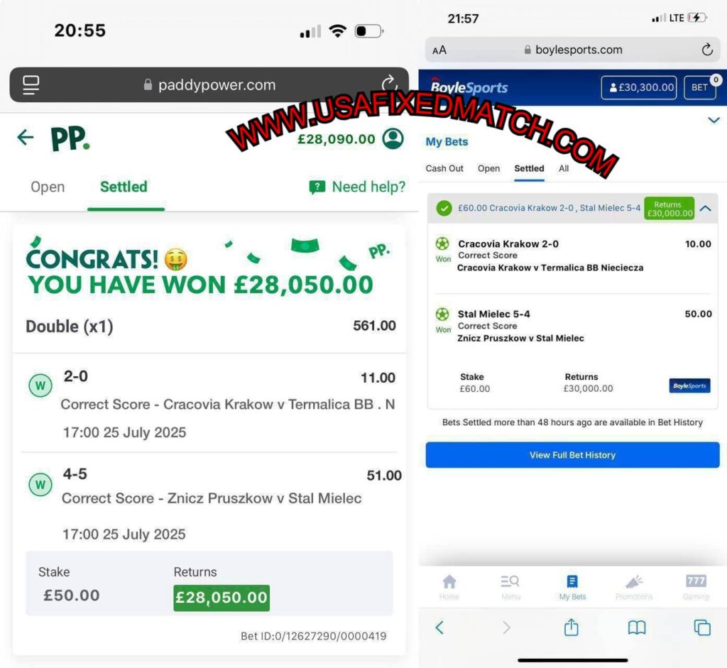 PADDYPOWER CORRECT SCORE FIXED MATCHES